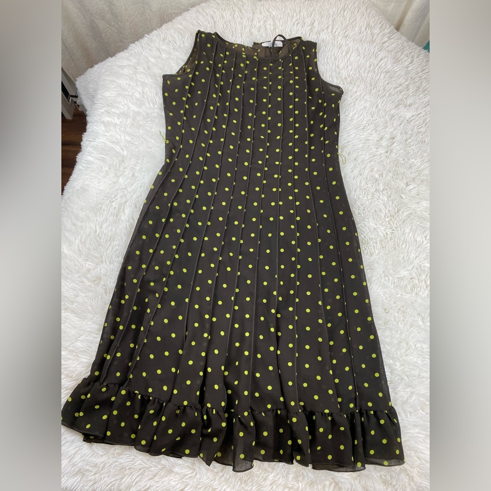 Dress Barn Brown Polka Dots Dress stylish pleats ruffled hem sheer top 2 piece